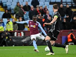 Moussa Diaby of Aston Villa on his way to scoring his team's fourth goal during the UEFA Europa Conference League 2023/24 round of 16 second leg match between Aston Villa and AFC Ajax at Villa Park.